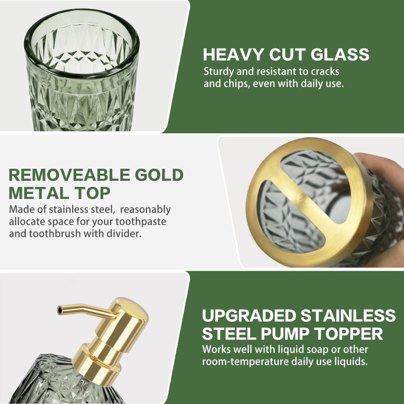 مجموعة إكسسوارات الحمام Towoaafu باللون الأخضر - 5 قطع ديكور حمام زجاجي مع موزع صابون وطبق صابون وحامل فرشاة أسنان وكوب وجرة مسحة قطنية - مجموعة ملحقات الحمام للزينة - Image 2